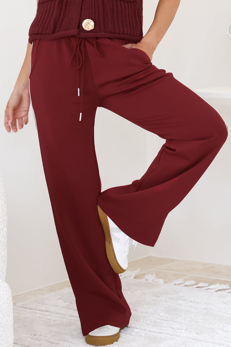 Beckham Pants -  High Waisted Sports Stripe Pants in Burgandy