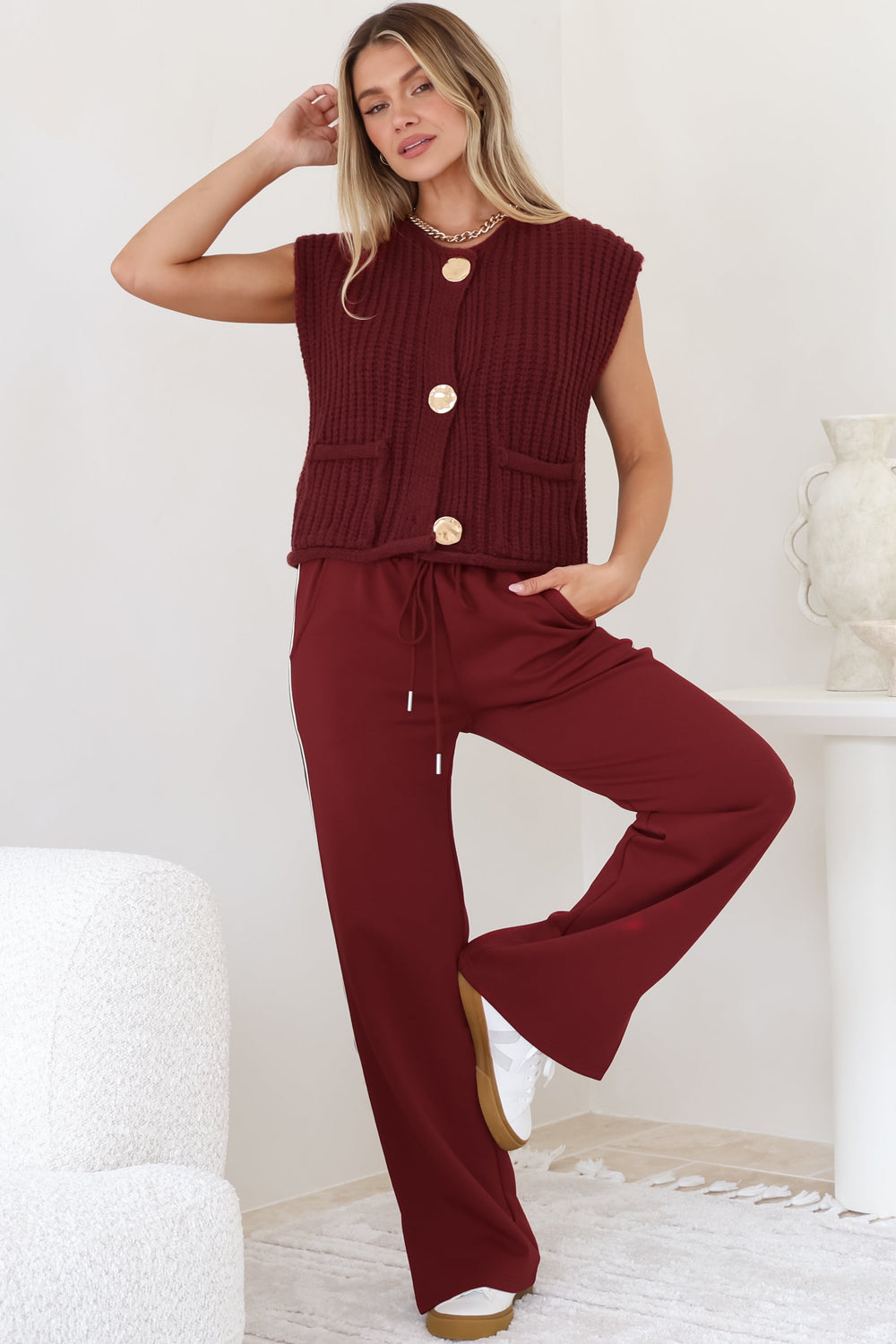 Beckham Pants -  High Waisted Sports Stripe Pants in Burgandy