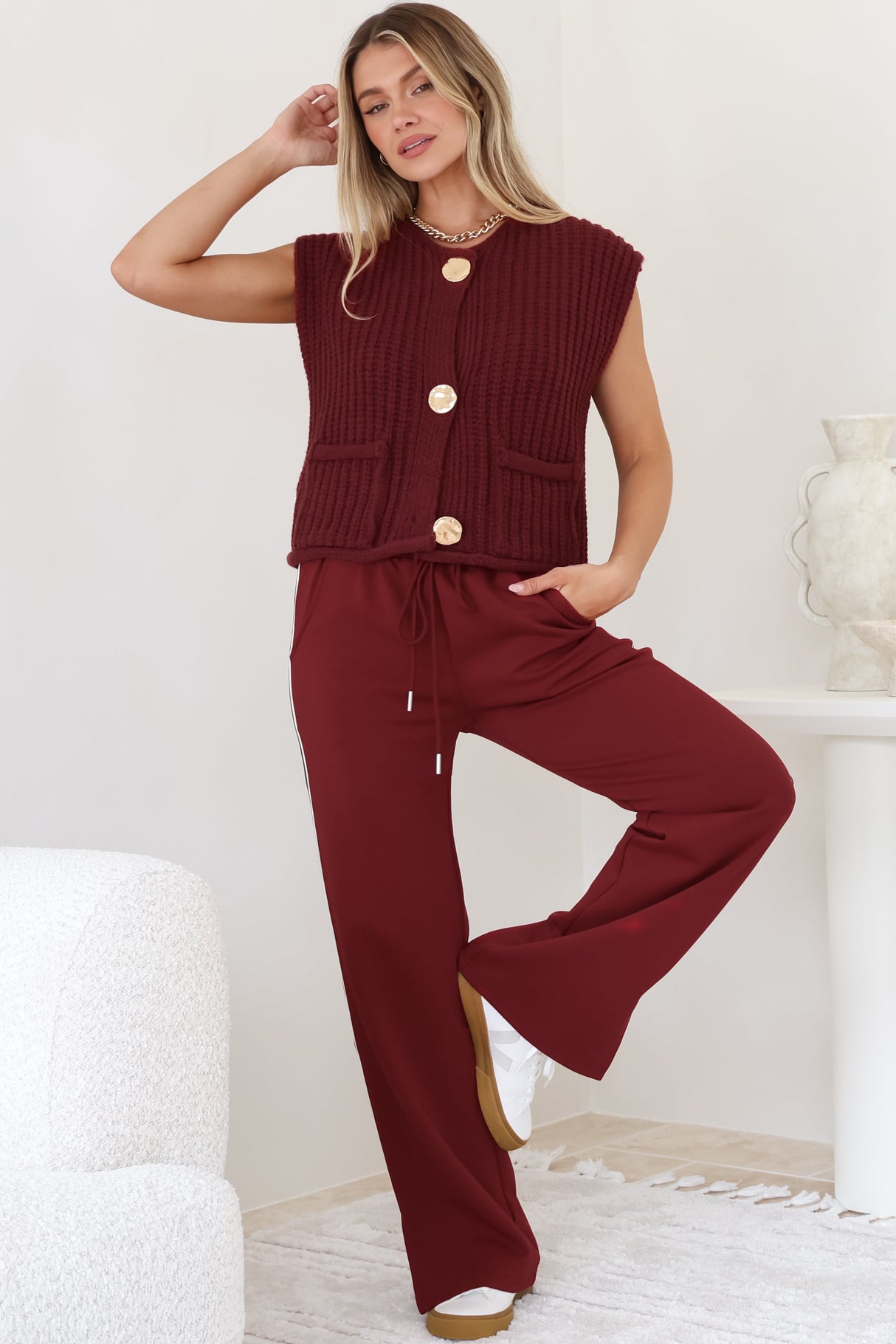 Beckham Pants -  High Waisted Sports Stripe Pants in Burgandy