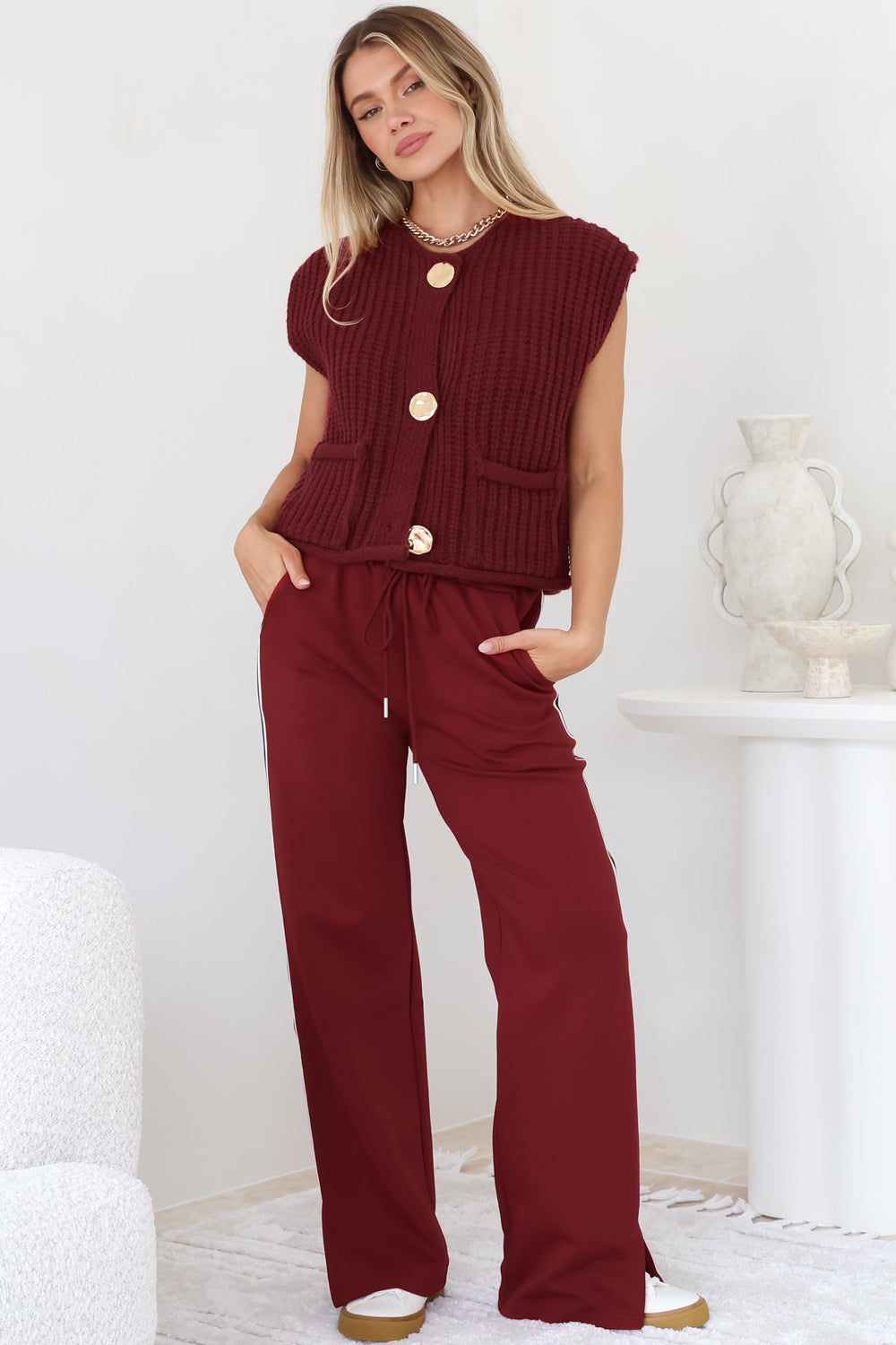 Beckham Pants -  High Waisted Sports Stripe Pants in Burgandy