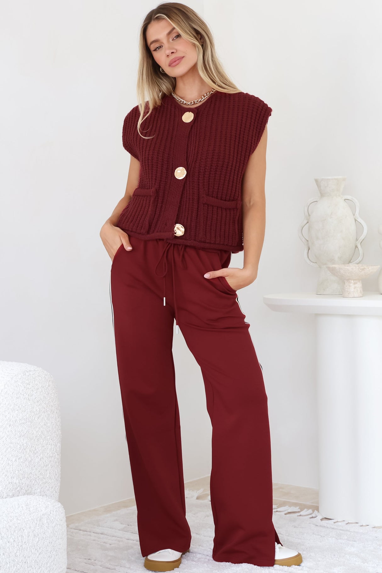 Beckham Pants -  High Waisted Sports Stripe Pants in Burgandy