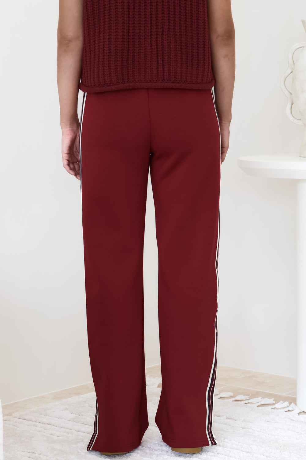 Beckham Pants -  High Waisted Sports Stripe Pants in Burgandy