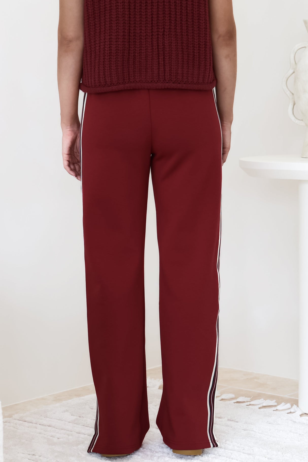 Beckham Pants -  High Waisted Sports Stripe Pants in Burgandy