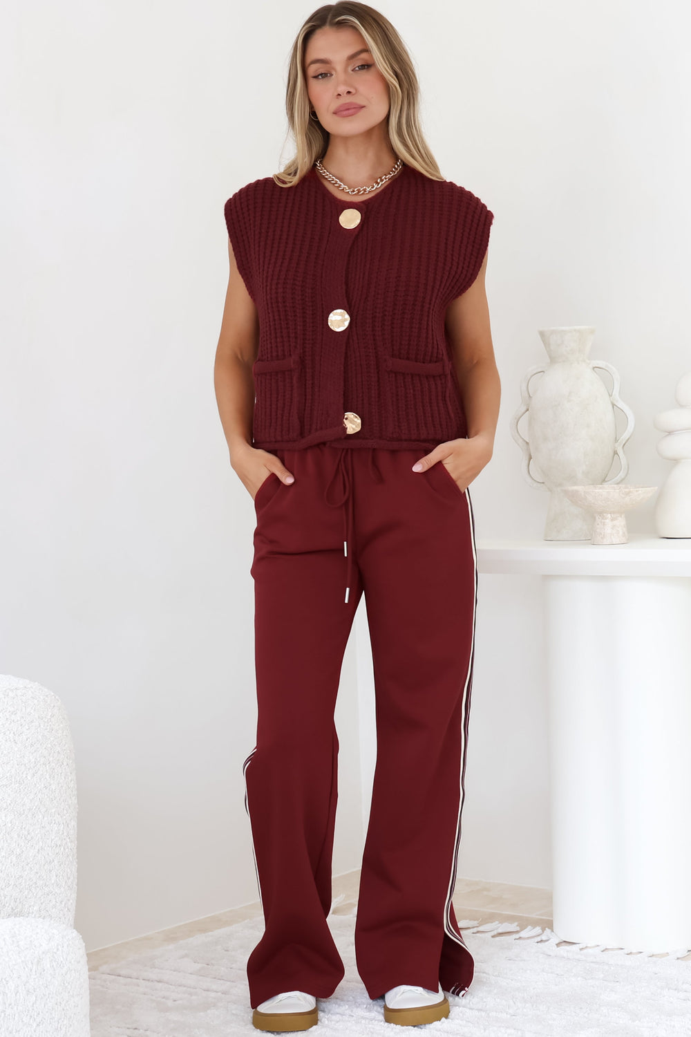 Beckham Pants -  High Waisted Sports Stripe Pants in Burgandy