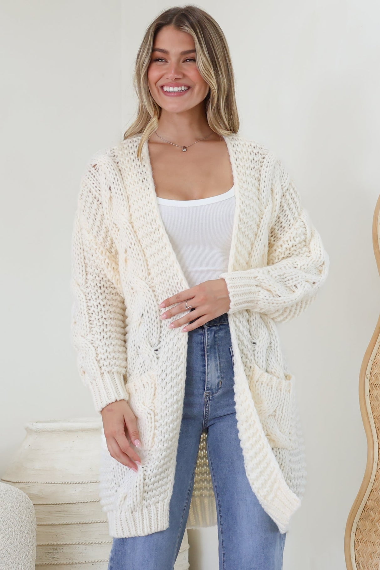 Beckett Cardigan - Open Front Chunky Cable Knit with Pockets in Cream