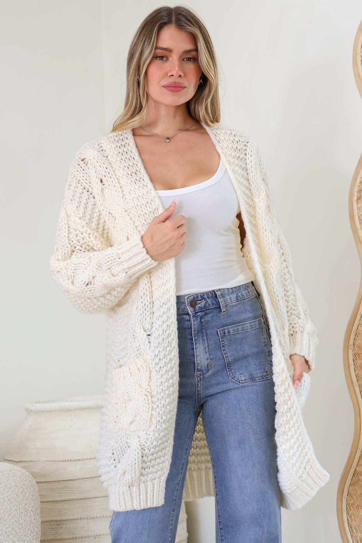Beckett Cardigan - Open Front Chunky Cable Knit with Pockets in Cream