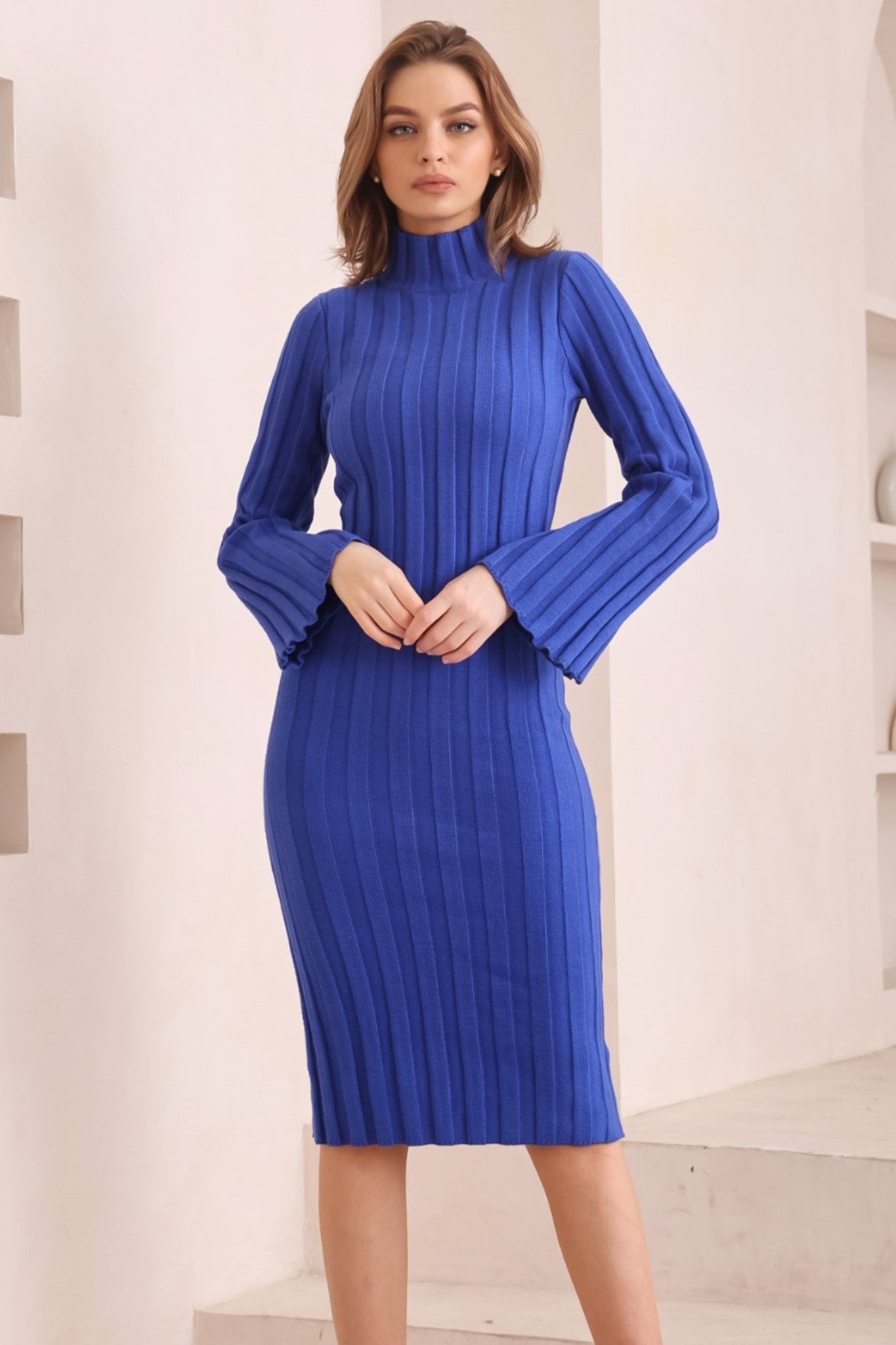 Beckett Midi Dress - Mockneck Ribbed Knit Dress in Blue