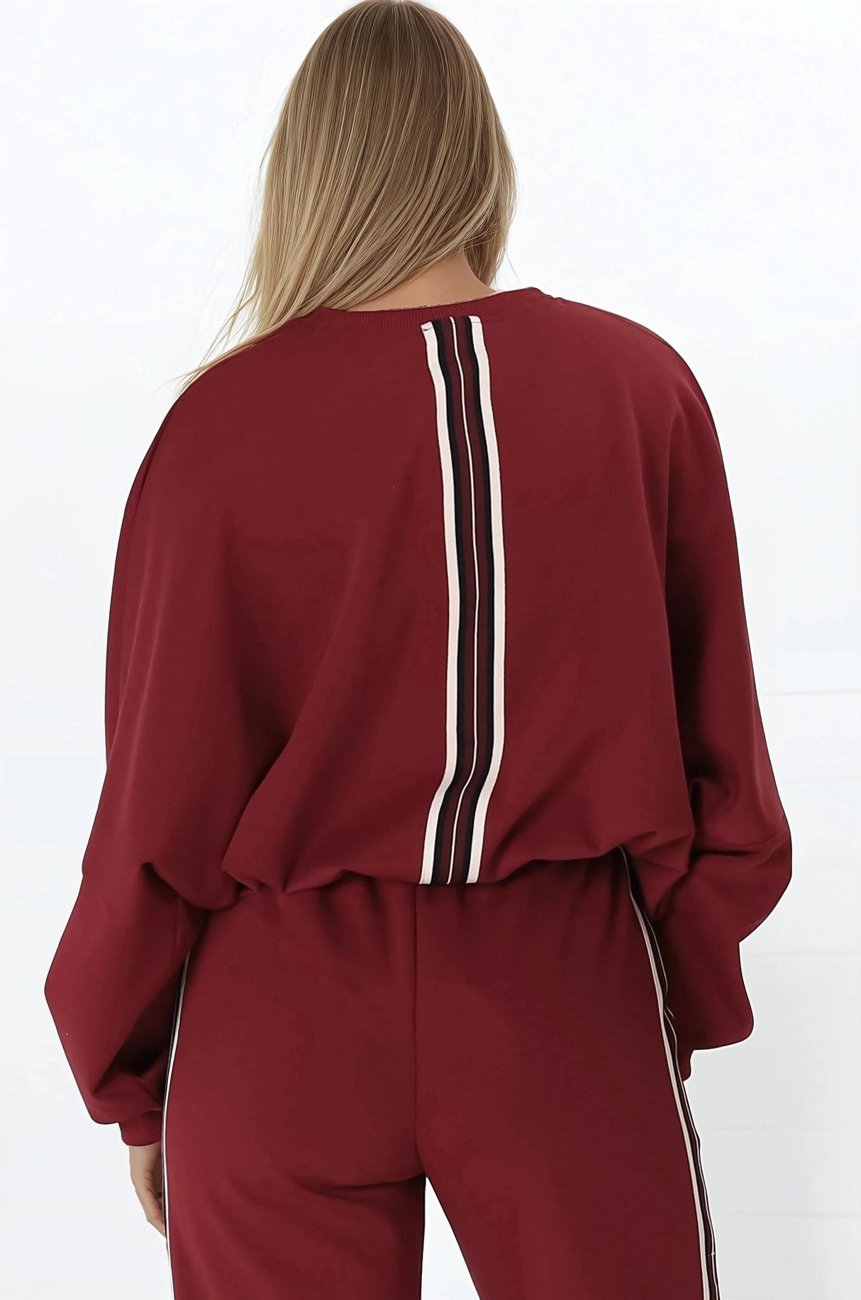 Beckham Jumper - Crew Neck Cropped Jumper with Racing Stripe Decal in Burgundy