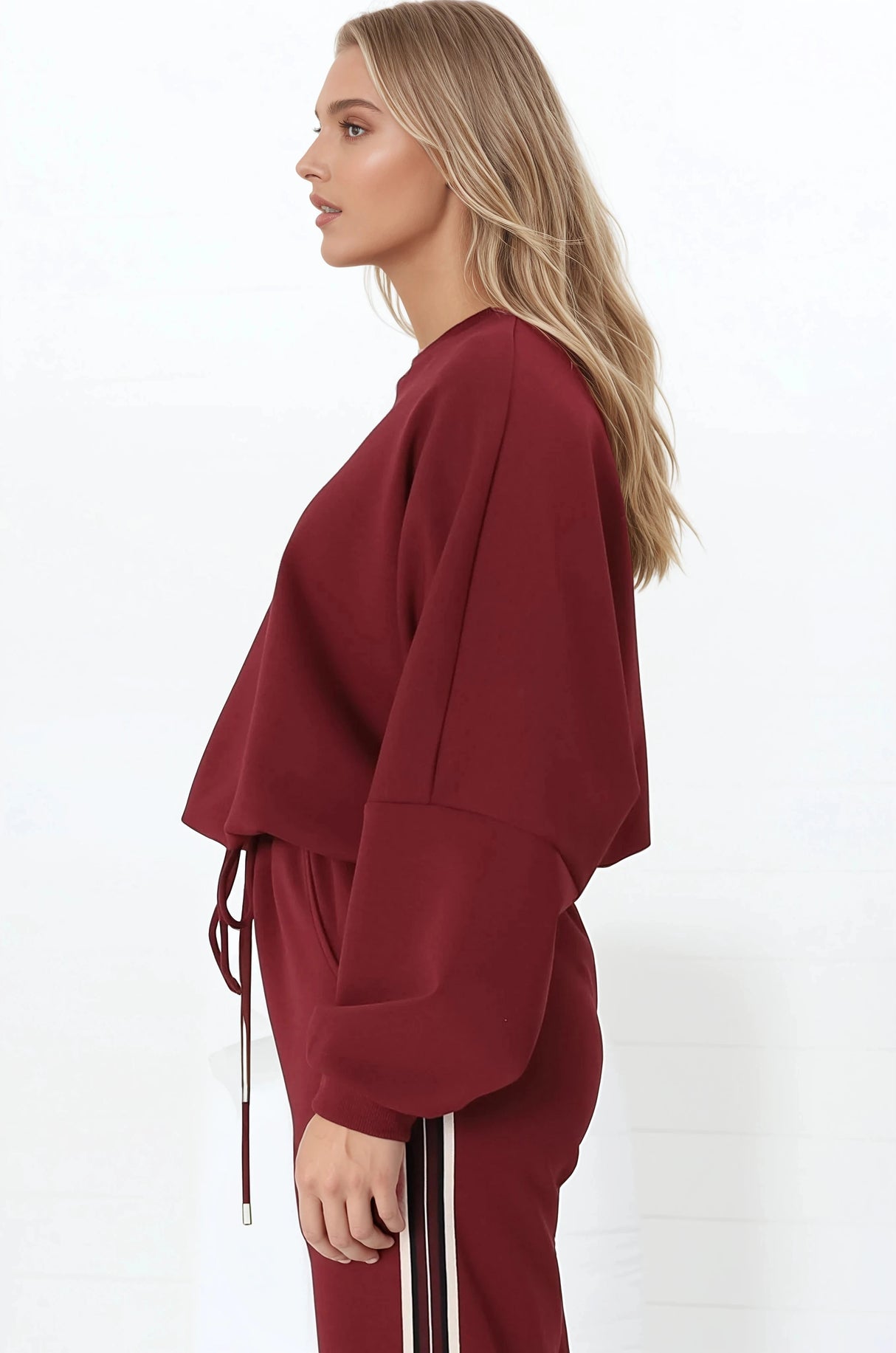 Beckham Jumper - Crew Neck Cropped Jumper with Racing Stripe Decal in Burgundy