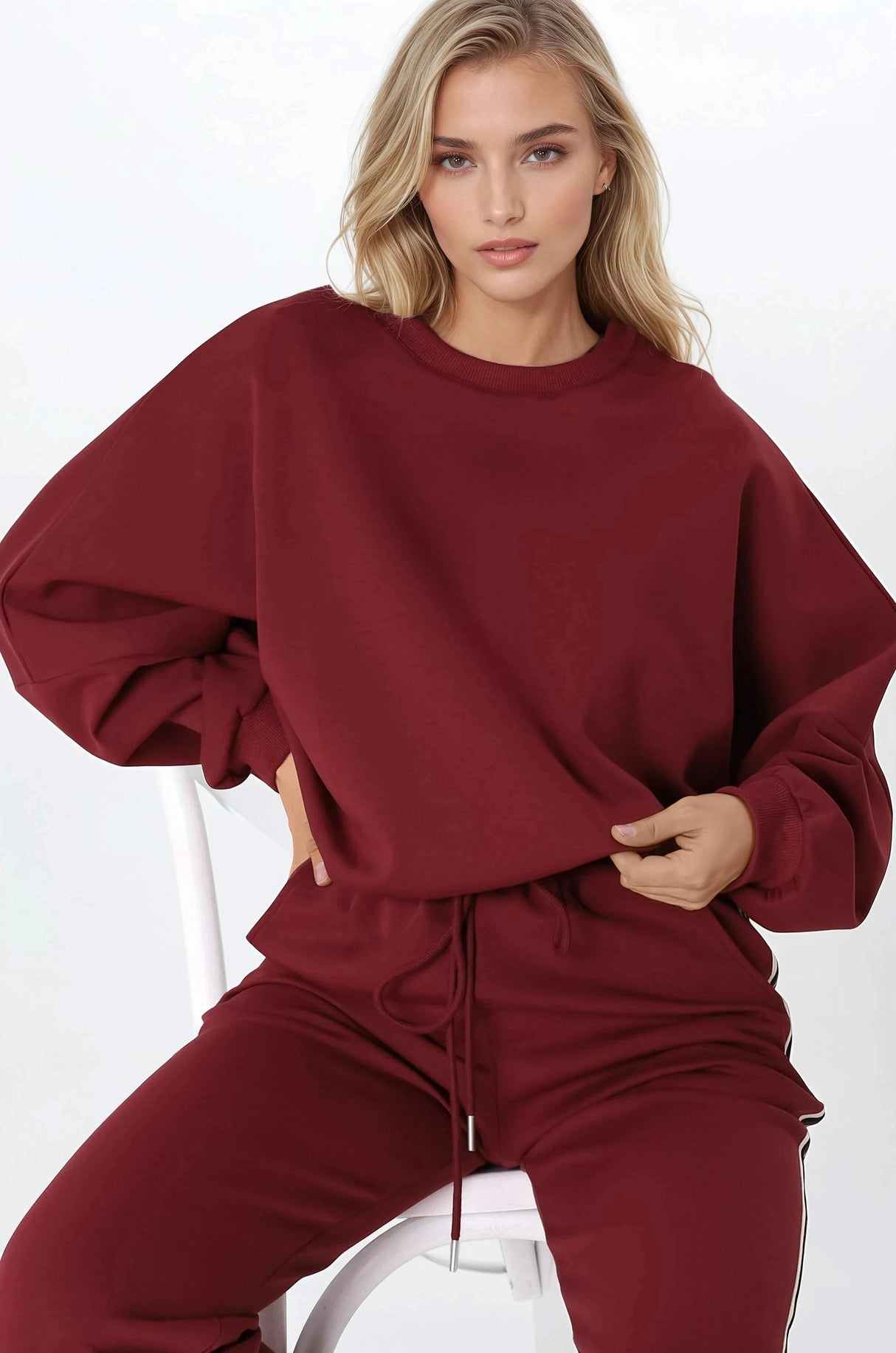 Beckham Jumper - Crew Neck Cropped Jumper with Racing Stripe Decal in Burgundy