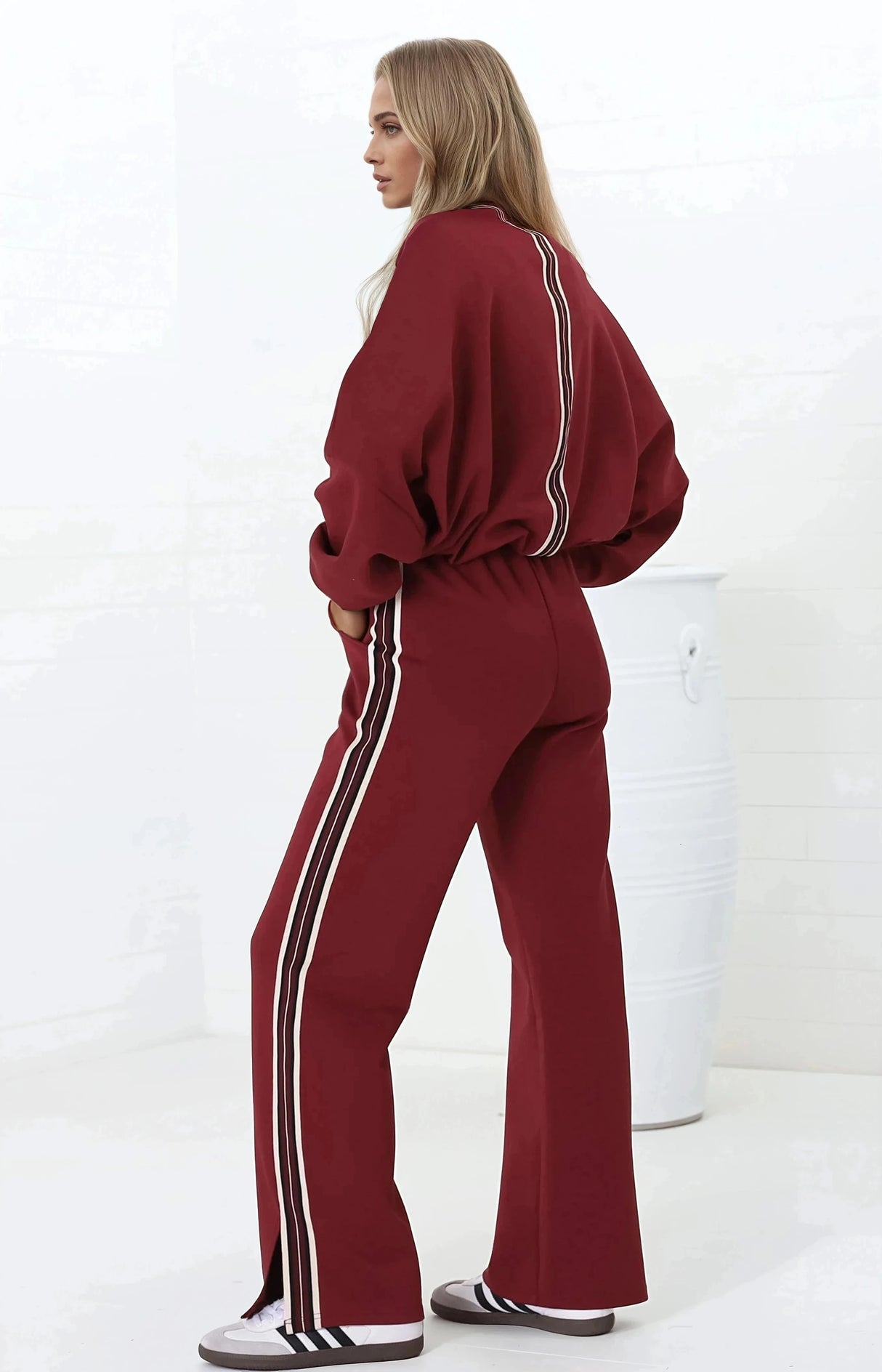 Beckham Jumper - Crew Neck Cropped Jumper with Racing Stripe Decal in Burgundy