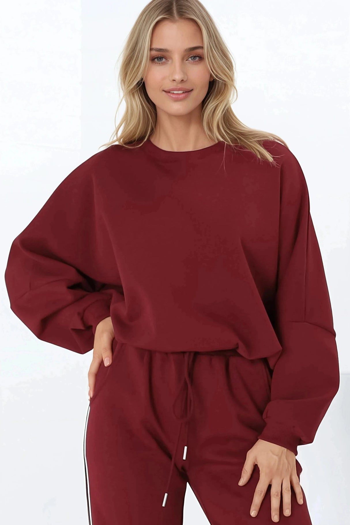 Beckham Jumper - Crew Neck Cropped Jumper with Racing Stripe Decal in Burgundy