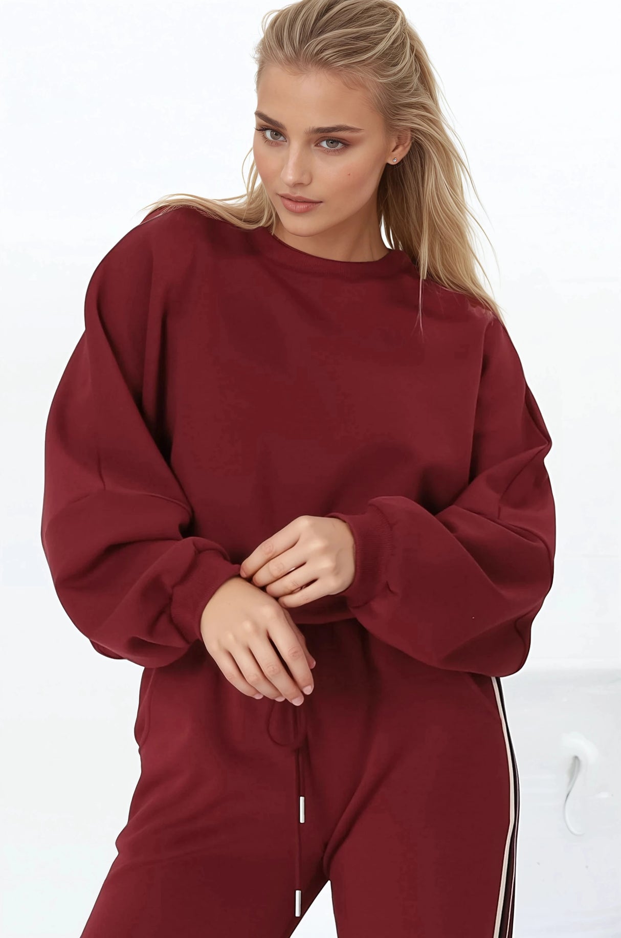 Beckham Jumper - Crew Neck Cropped Jumper with Racing Stripe Decal in Burgundy