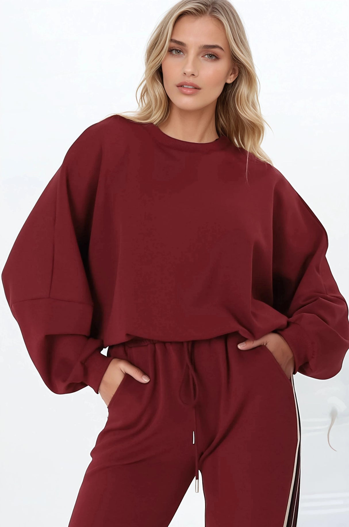 Beckham Jumper - Crew Neck Cropped Jumper with Racing Stripe Decal in Burgundy