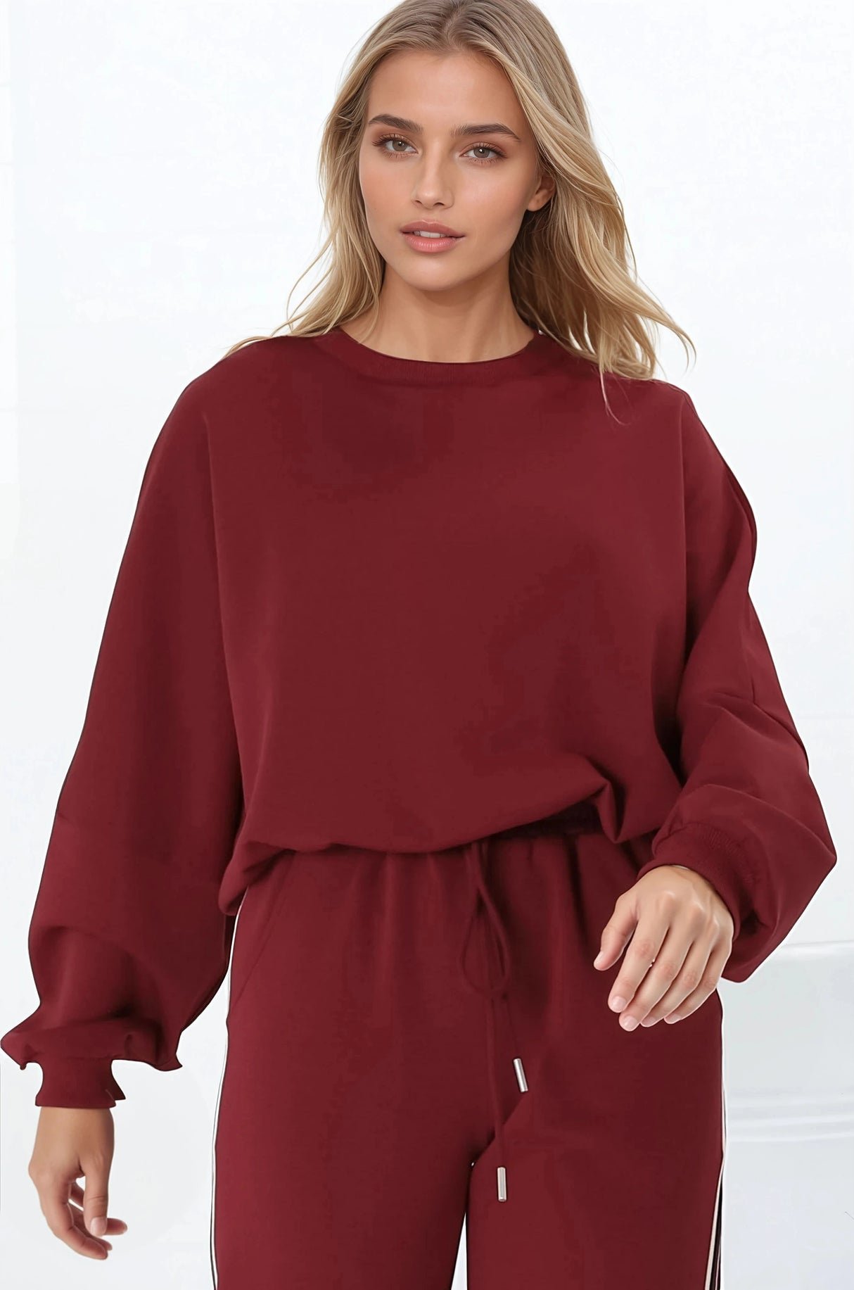 Beckham Jumper - Crew Neck Cropped Jumper with Racing Stripe Decal in Burgundy