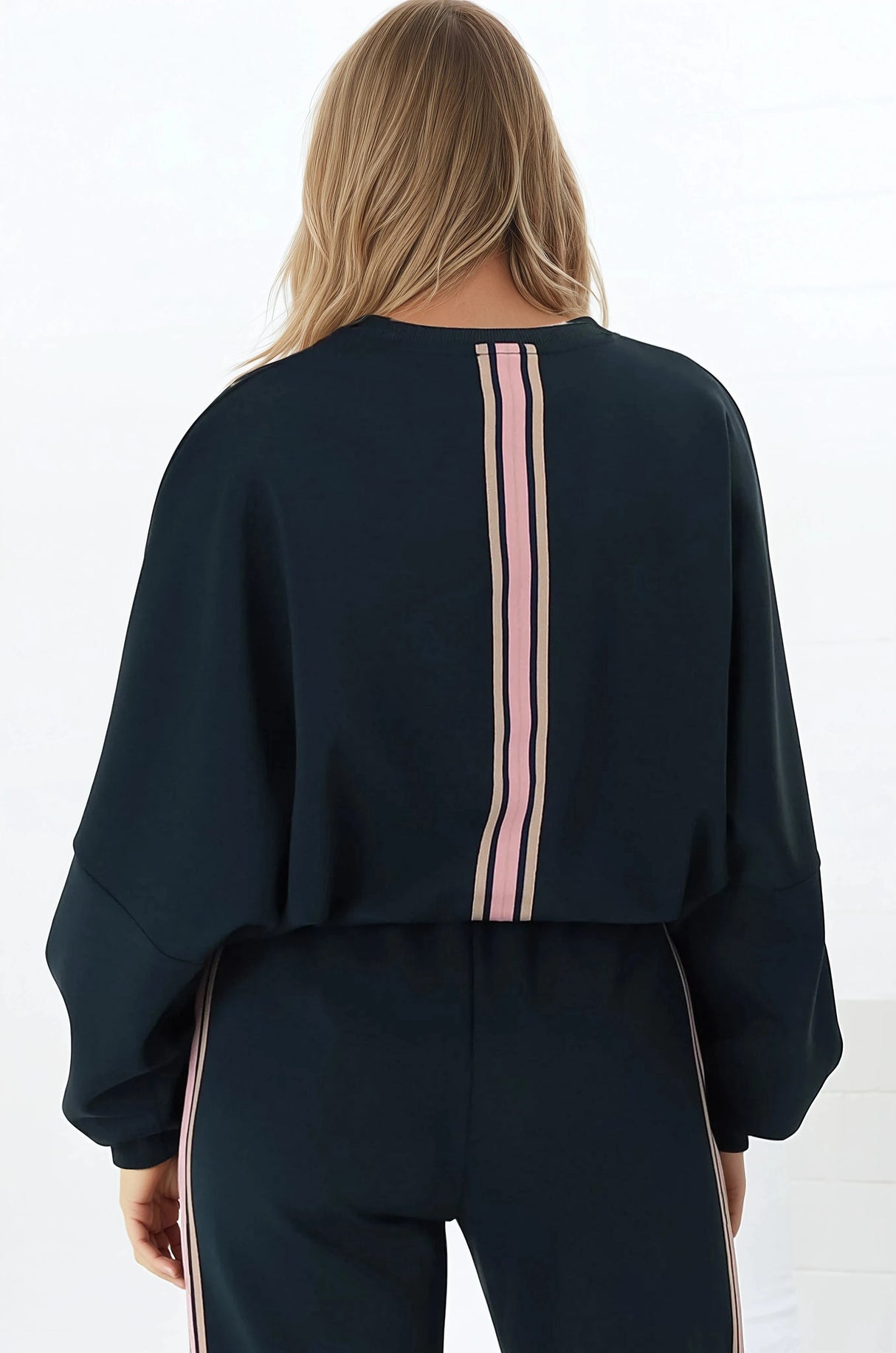 Beckham Jumper - Crew Neck Cropped Jumper with Racing Stripe Decal in Navy