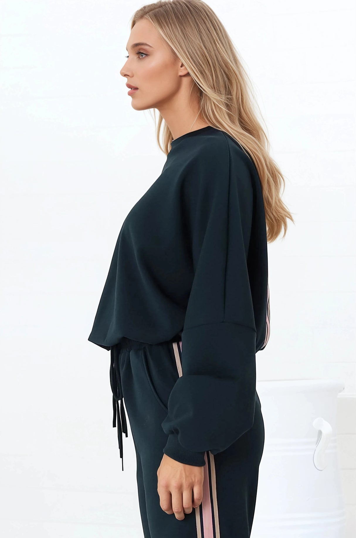 Beckham Jumper - Crew Neck Cropped Jumper with Racing Stripe Decal in Navy