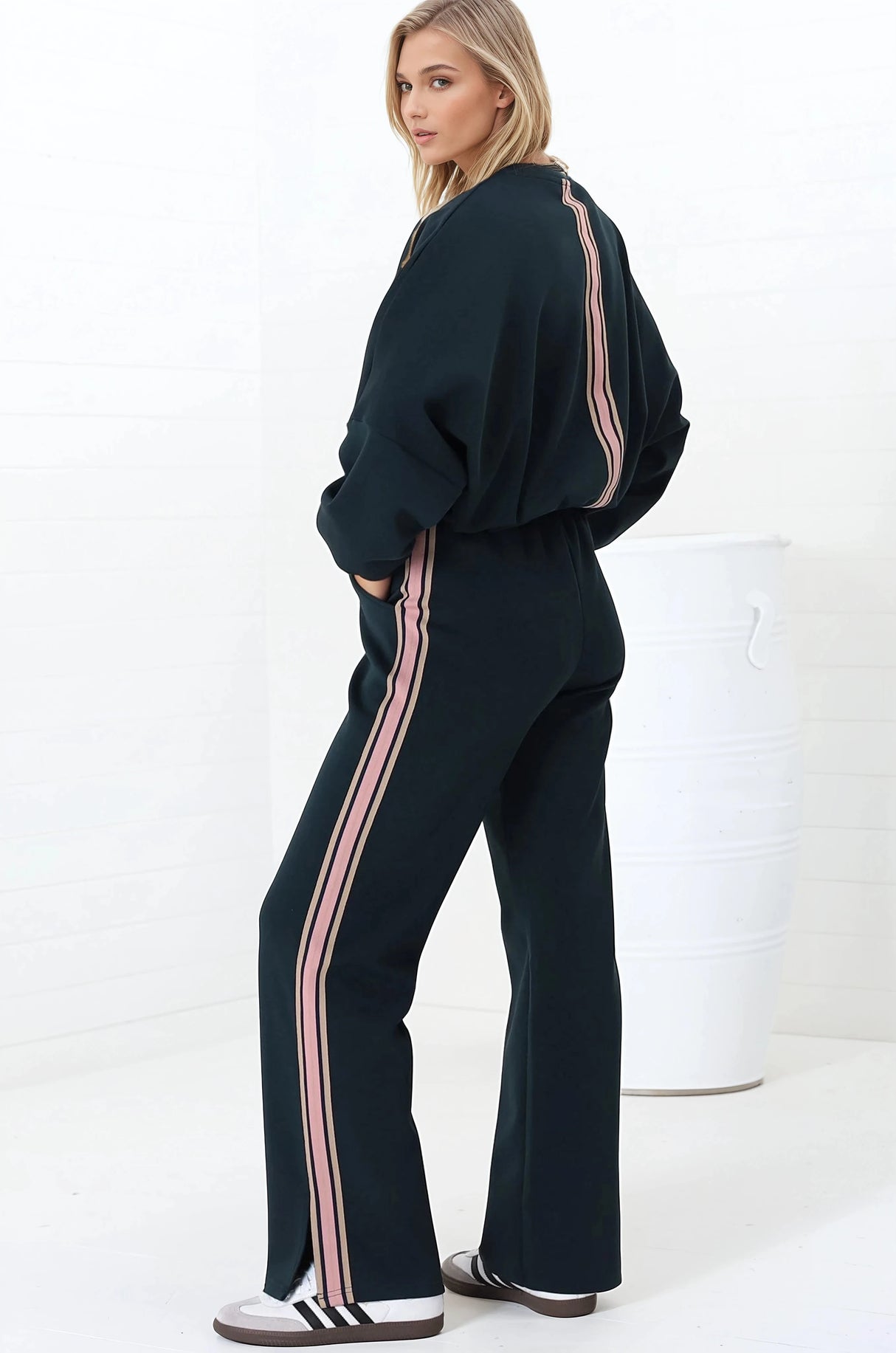 Beckham Jumper - Crew Neck Cropped Jumper with Racing Stripe Decal in Navy