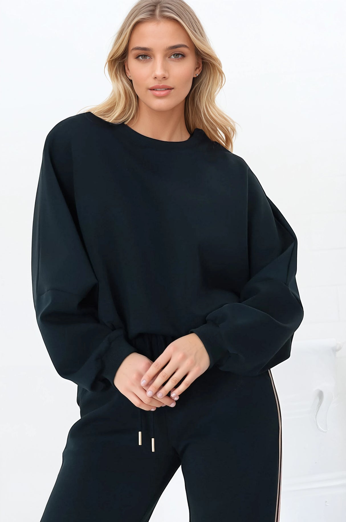 Beckham Jumper - Crew Neck Cropped Jumper with Racing Stripe Decal in Navy