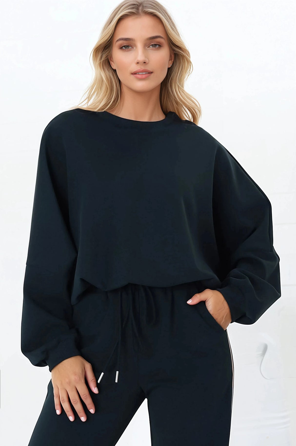 Beckham Jumper - Crew Neck Cropped Jumper with Racing Stripe Decal in Navy