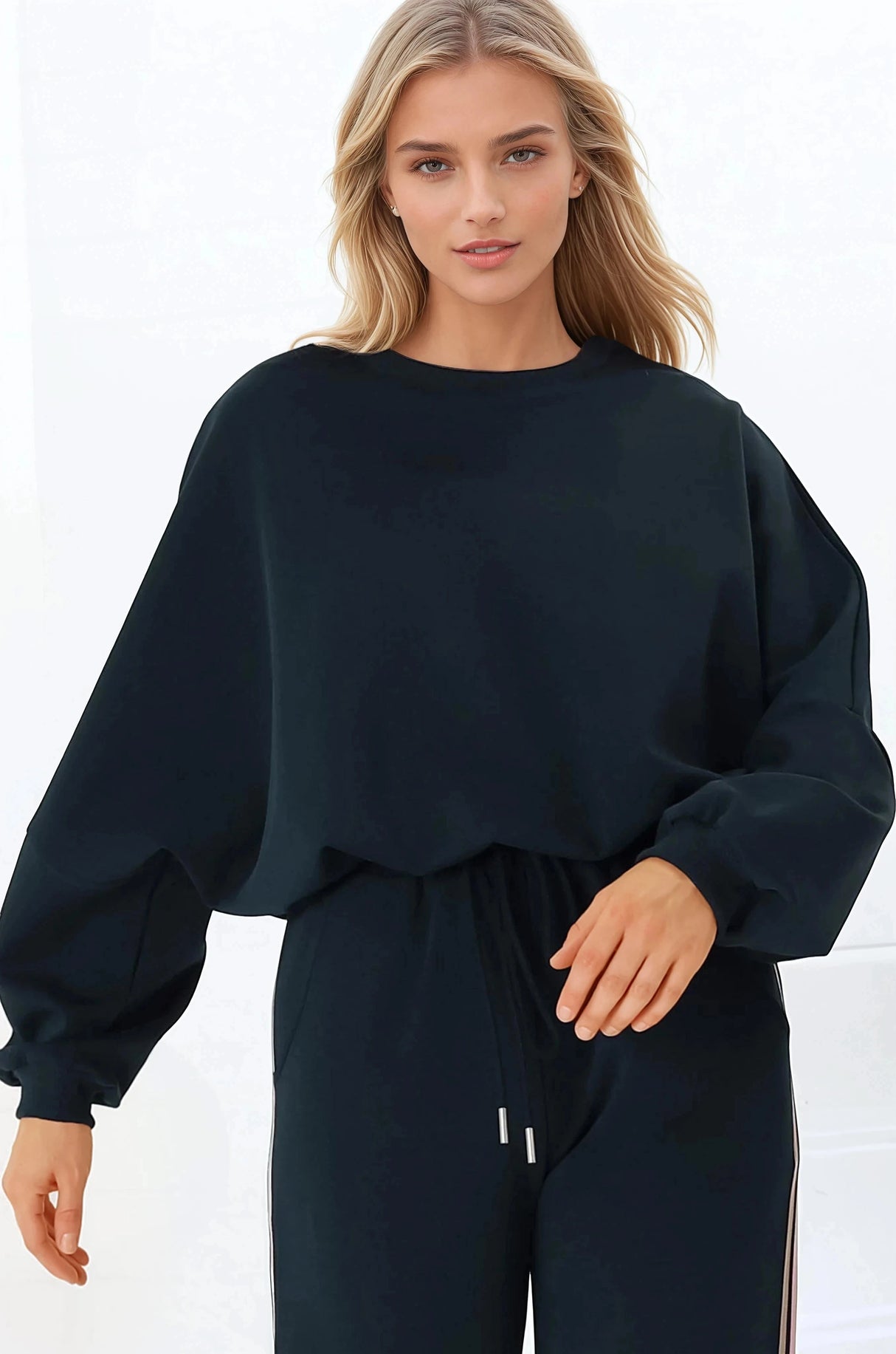 Beckham Jumper - Crew Neck Cropped Jumper with Racing Stripe Decal in Navy