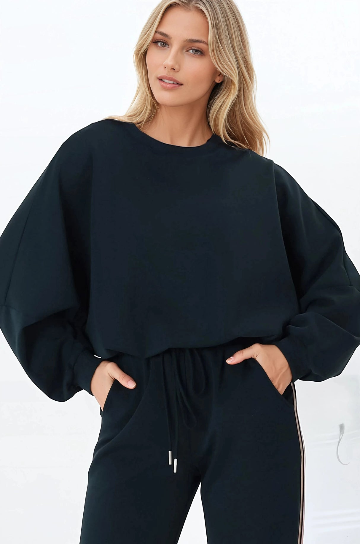 Beckham Jumper - Crew Neck Cropped Jumper with Racing Stripe Decal in Navy