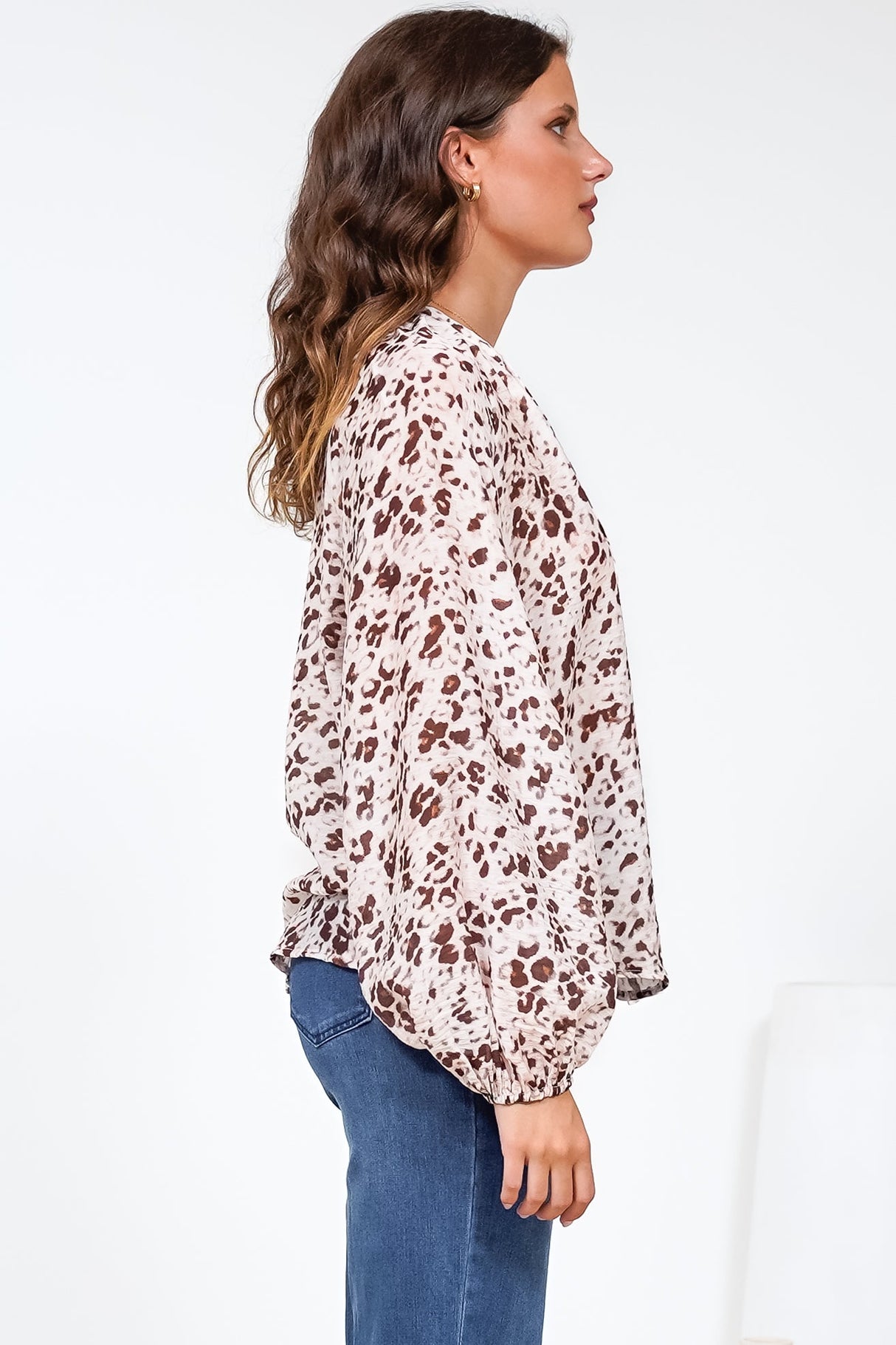 Bedella Top - Mandarin Collar Long Sleeve Button Front Blouse in Sima Print