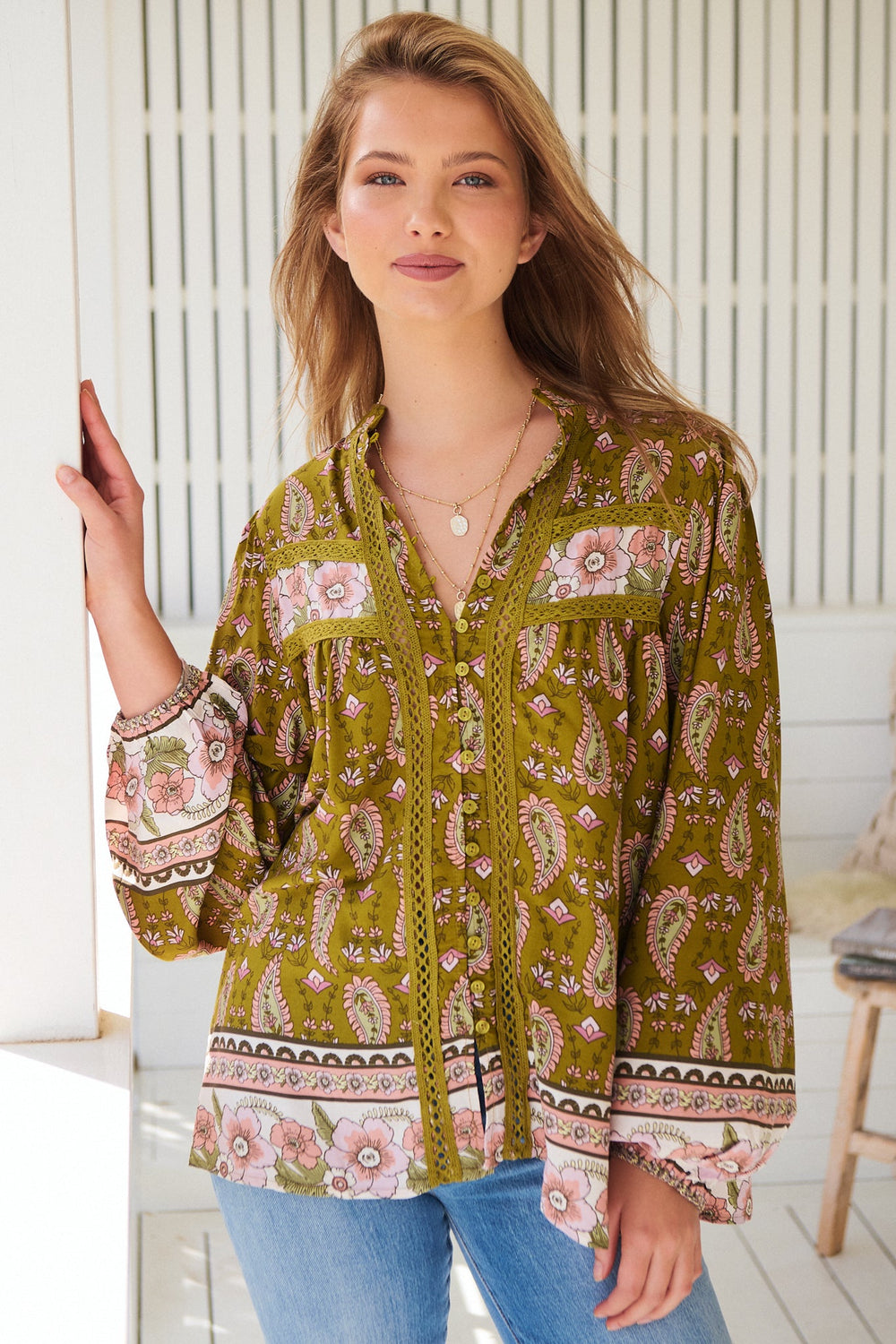 JAASE - Bee Blouse: Lace Decal Button Down Long Sleeve Blouse in Amalie Print
