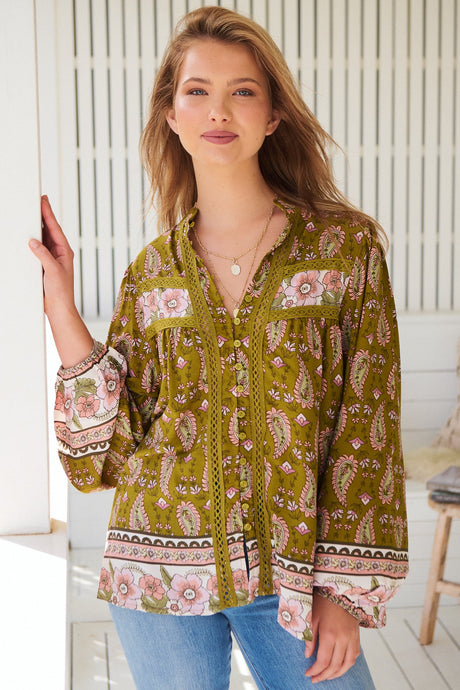 JAASE - Bee Blouse: Lace Decal Button Down Long Sleeve Blouse in Amalie Print