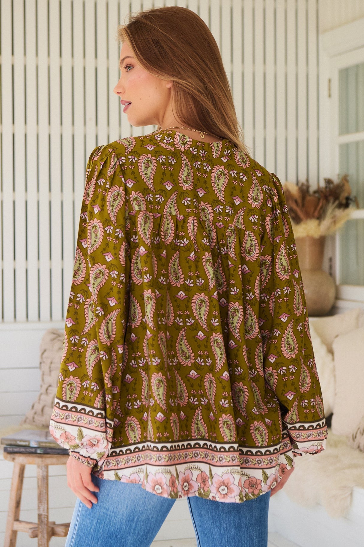 JAASE - Bee Blouse: Lace Decal Button Down Long Sleeve Blouse in Amalie Print