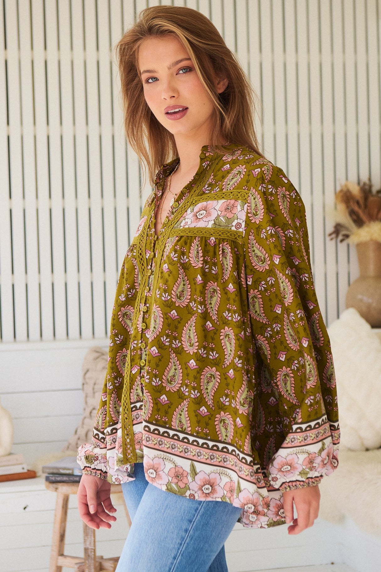 JAASE - Bee Blouse: Lace Decal Button Down Long Sleeve Blouse in Amalie Print