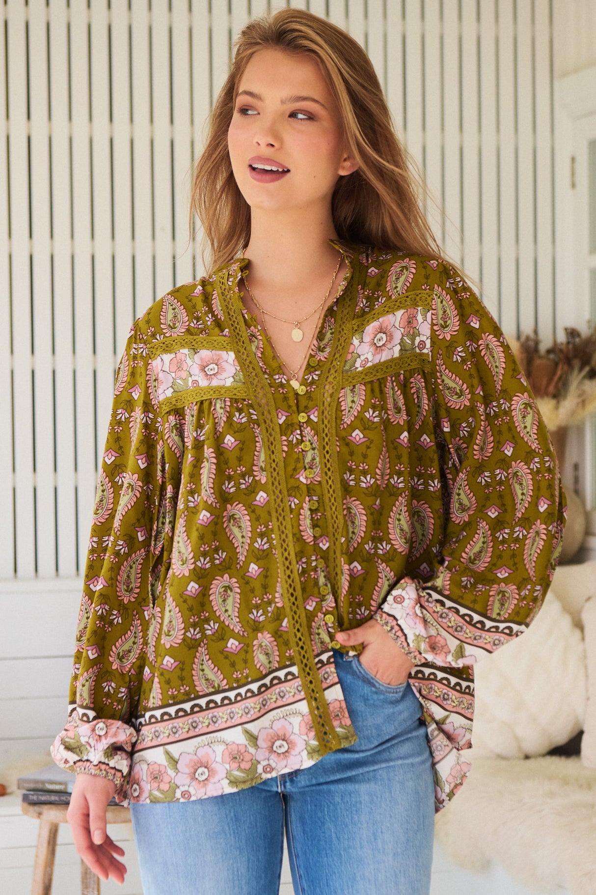 JAASE - Bee Blouse: Lace Decal Button Down Long Sleeve Blouse in Amalie Print