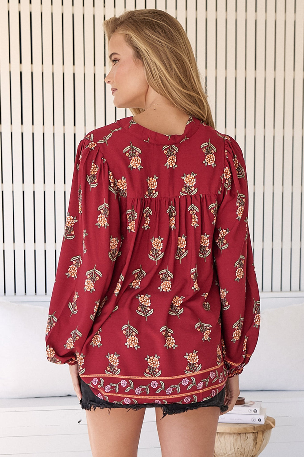 Bee Blouse - Lace Decal Button Down Long Sleeve Blouse in Grenache Print