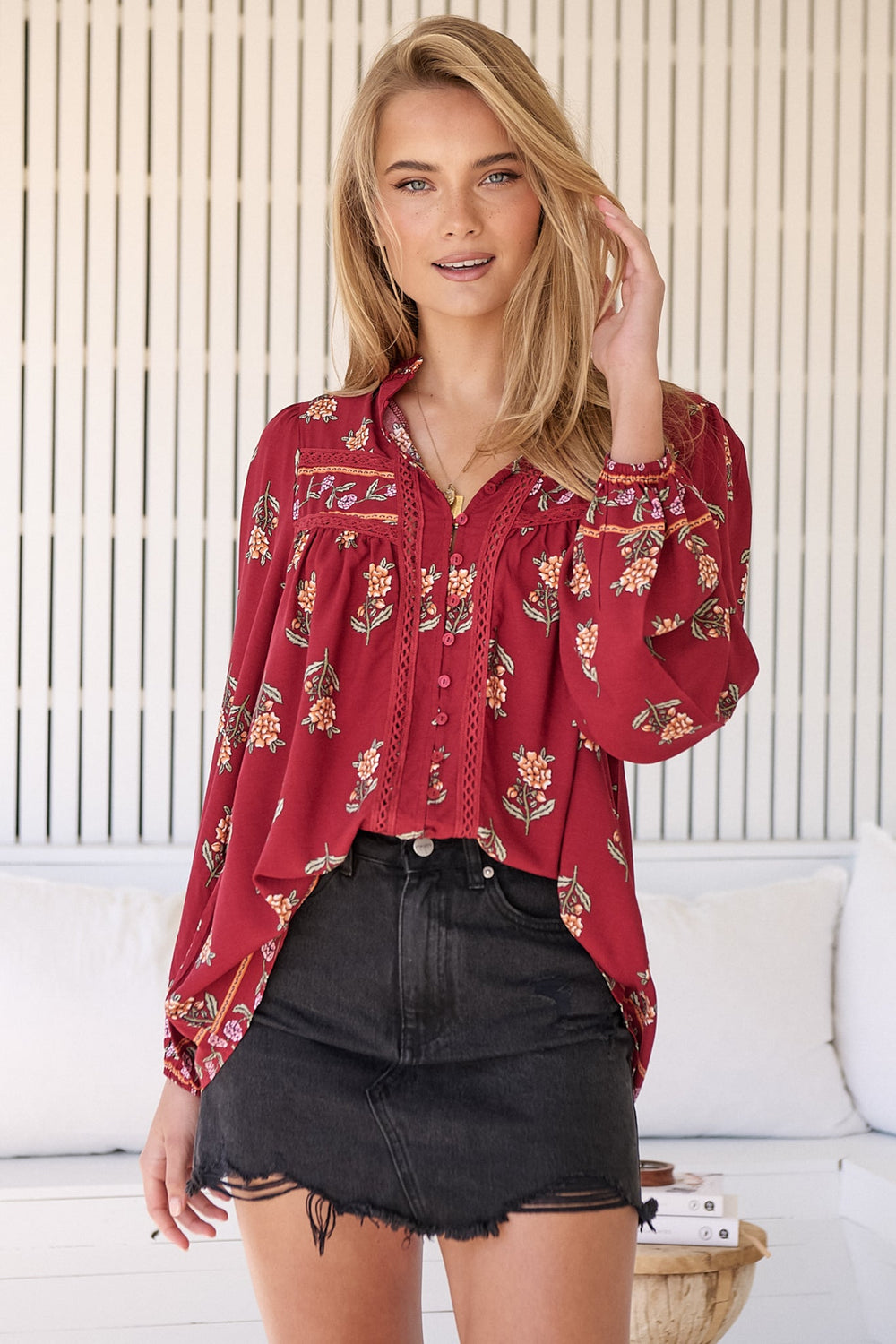 Bee Blouse - Lace Decal Button Down Long Sleeve Blouse in Grenache Print