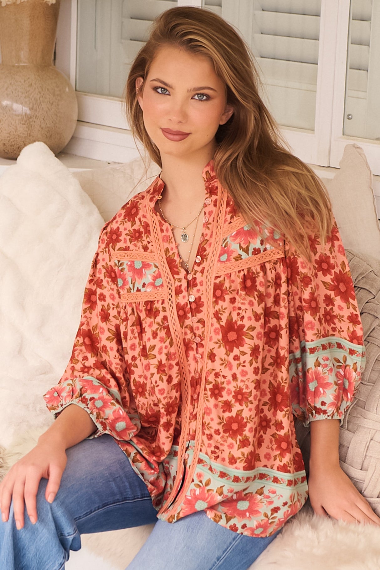 JAASE - Bee Blouse: Lace Decal Button Down 3/4 Sleeve Blouse in Lillianna Print