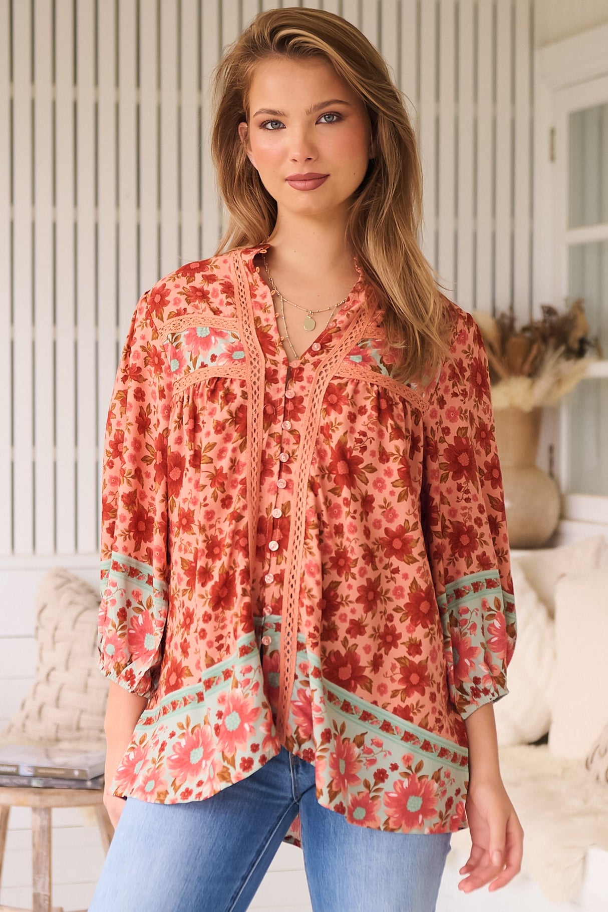 JAASE - Bee Blouse: Lace Decal Button Down 3/4 Sleeve Blouse in Lillianna Print