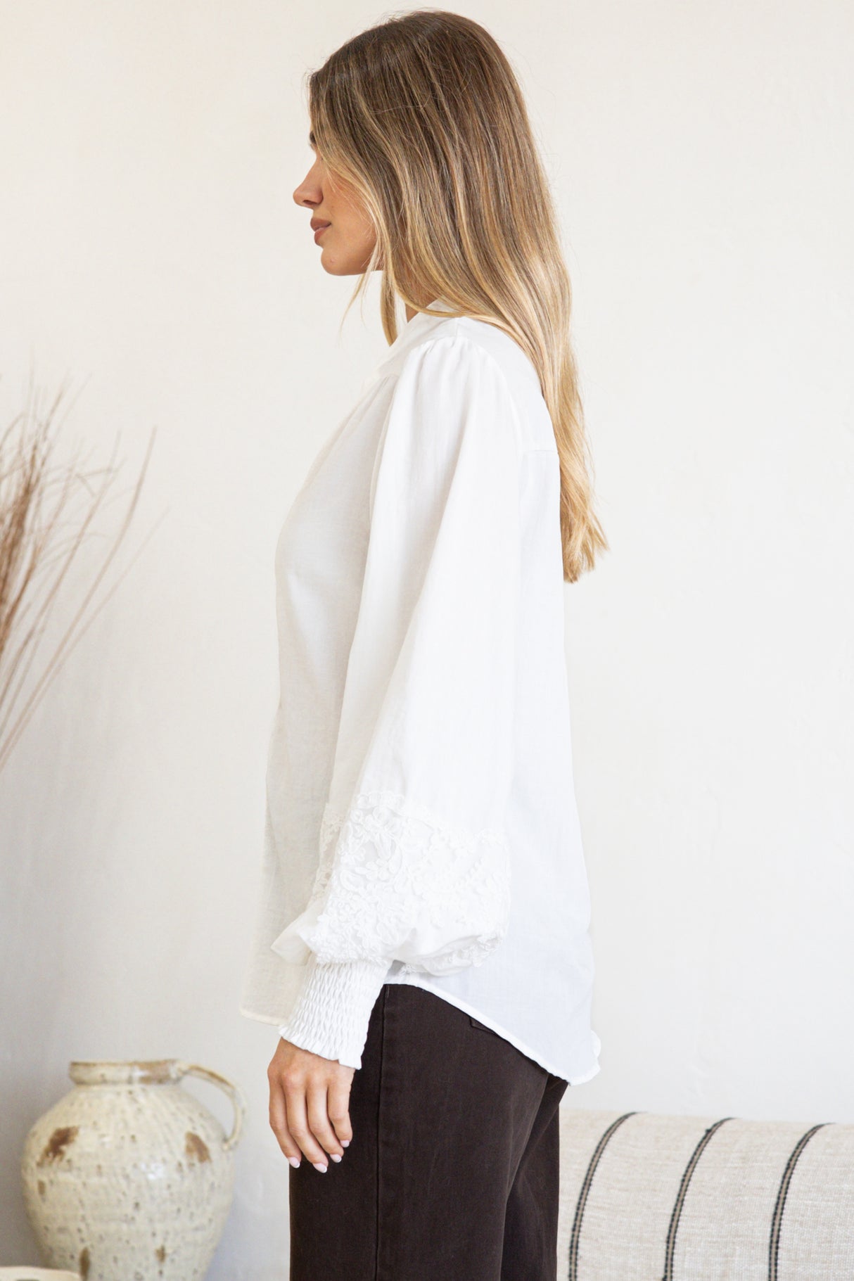 Beldon Blouse - High Mandarin Collar Button Down with Lace Motif Balloon Sleeves and Thick Shirred Cuffs in White
