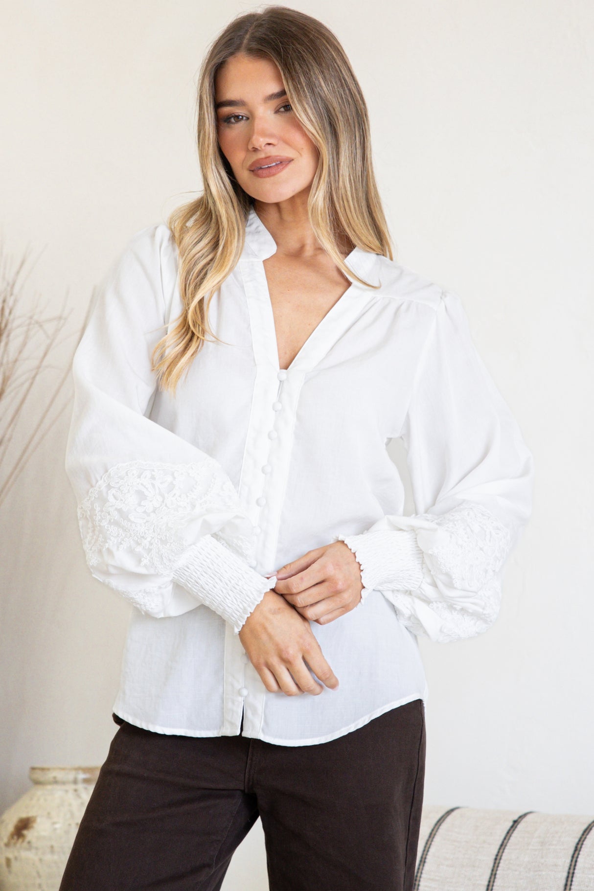 Beldon Blouse - High Mandarin Collar Button Down with Lace Motif Balloon Sleeves and Thick Shirred Cuffs in White
