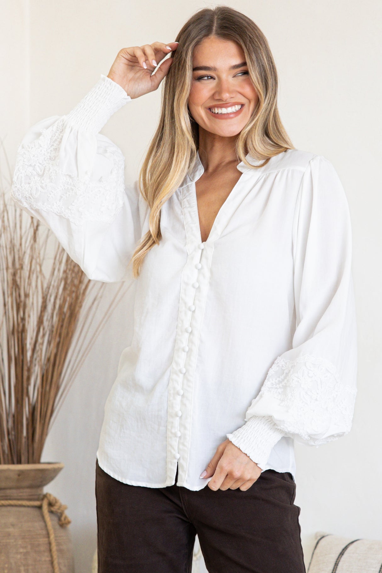 Beldon Blouse - High Mandarin Collar Button Down with Lace Motif Balloon Sleeves and Thick Shirred Cuffs in White