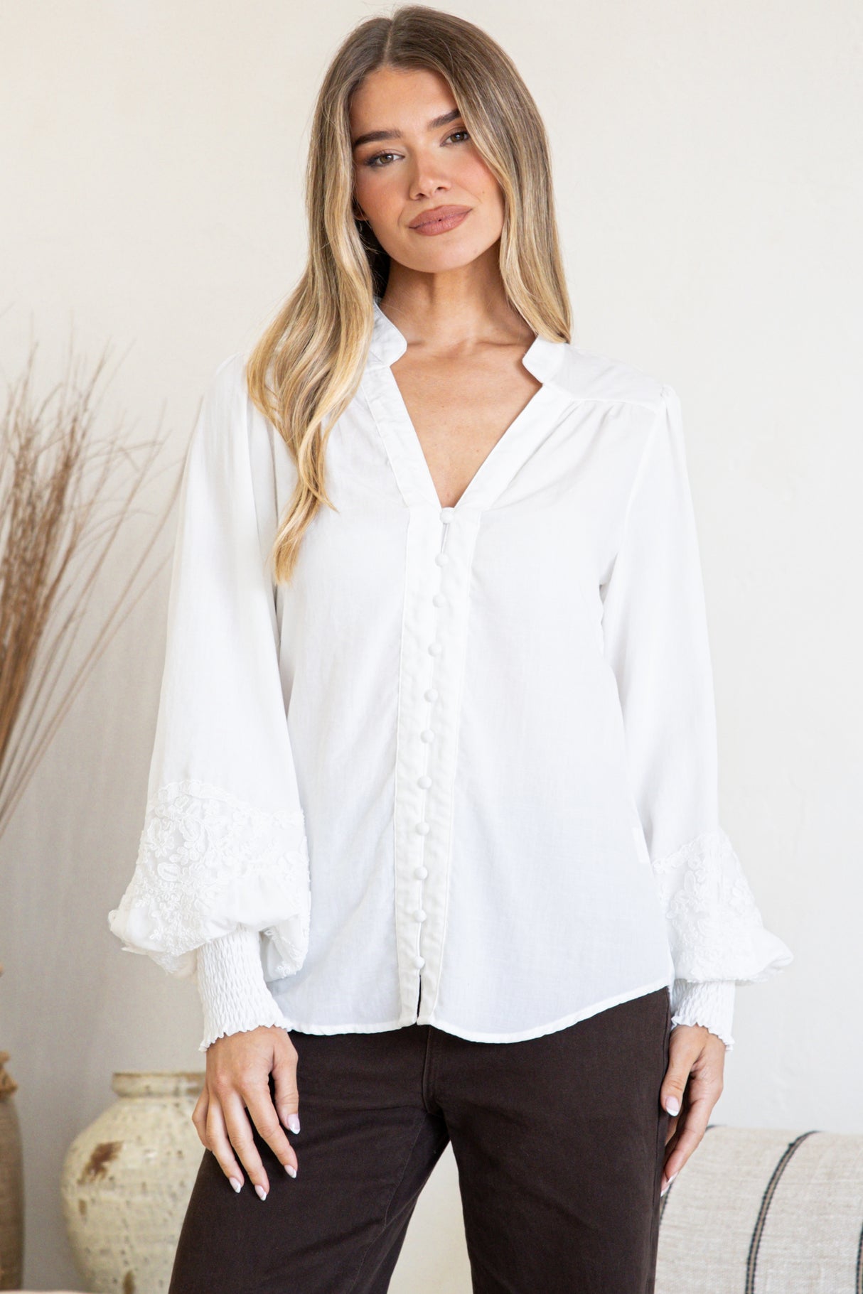 Beldon Blouse - High Mandarin Collar Button Down with Lace Motif Balloon Sleeves and Thick Shirred Cuffs in White