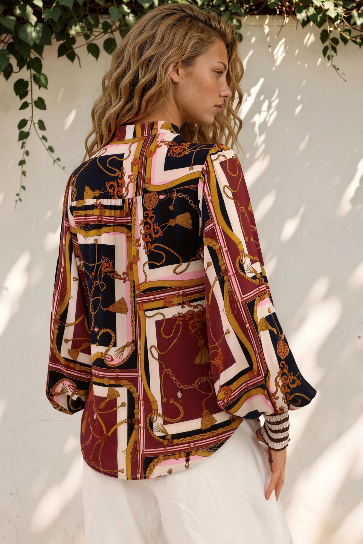 Model wearing Beldon Blouse in Celia Print from Salty Crush