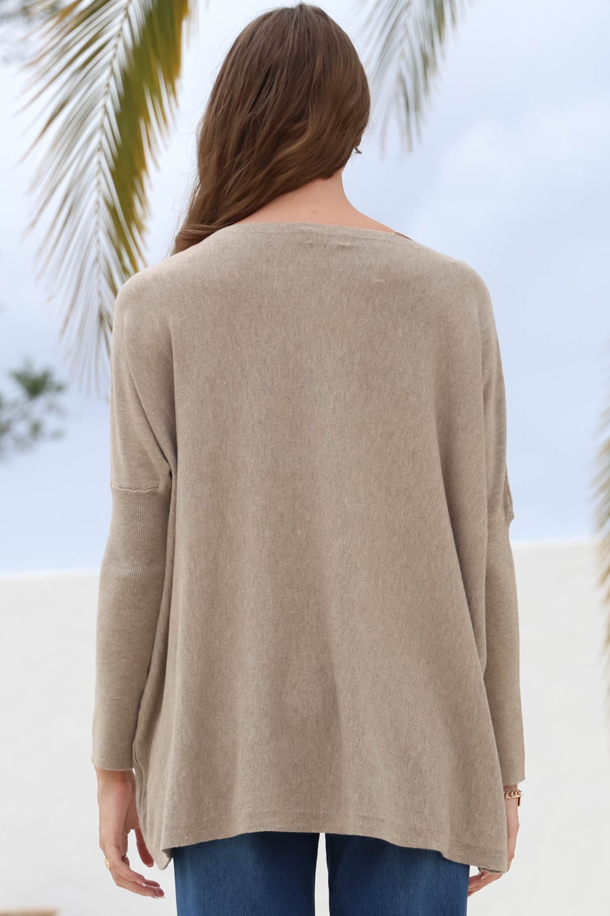 Belinda Knit Top - Boat Neckline Boxy Batwing Top in Beige