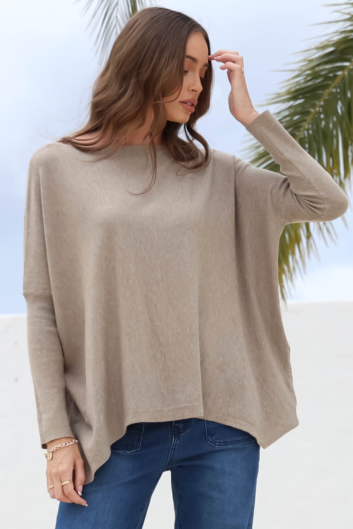 Belinda Knit Top - Boat Neckline Boxy Batwing Top in Beige
