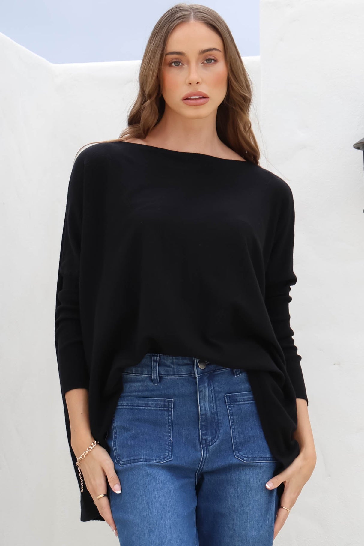 Belinda Knit Top - Boat Neckline Boxy Batwing Top in Black