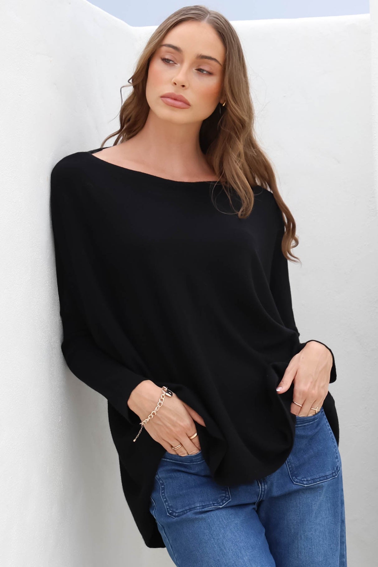 Belinda Knit Top - Boat Neckline Boxy Batwing Top in Black