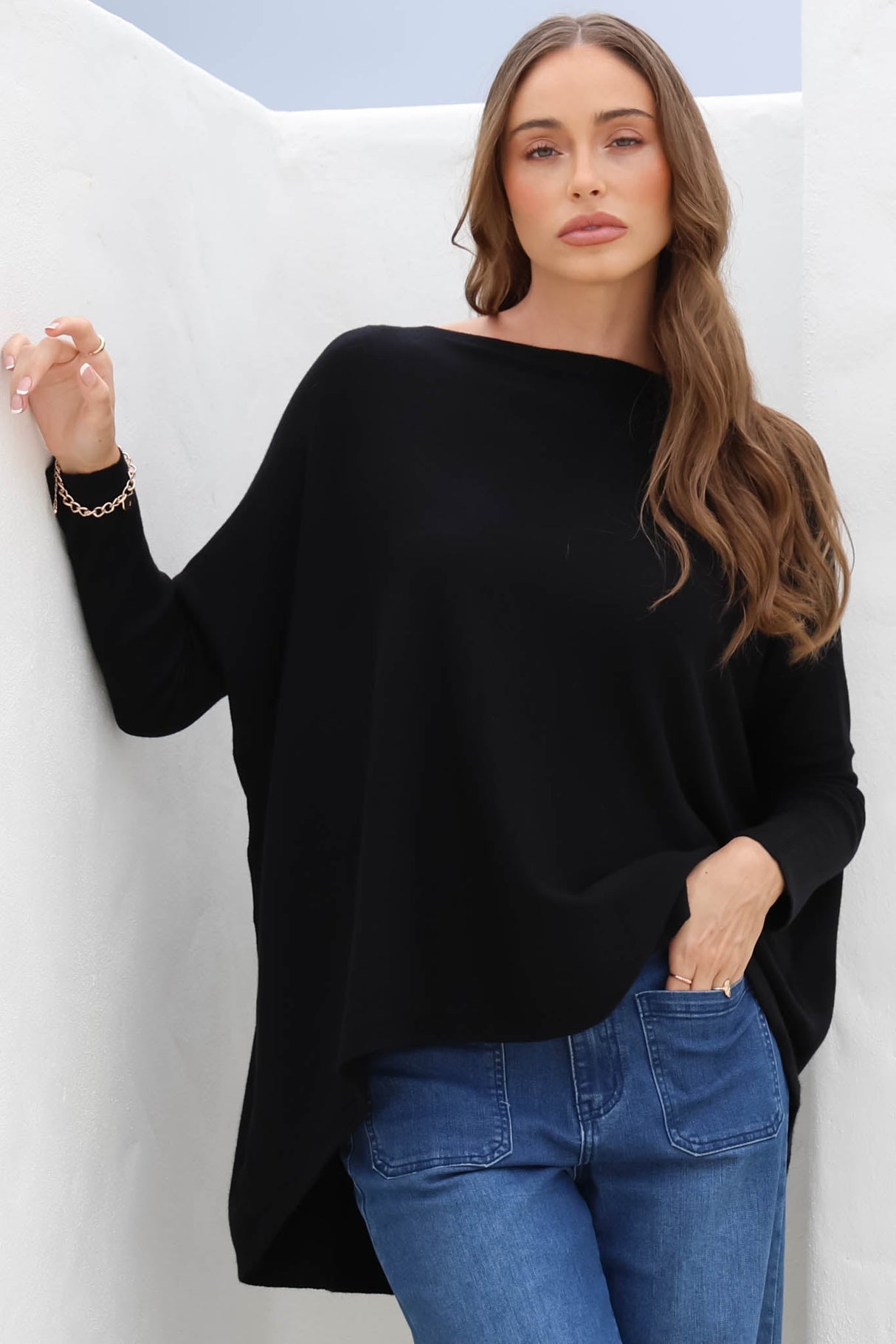 Belinda Knit Top - Boat Neckline Boxy Batwing Top in Black