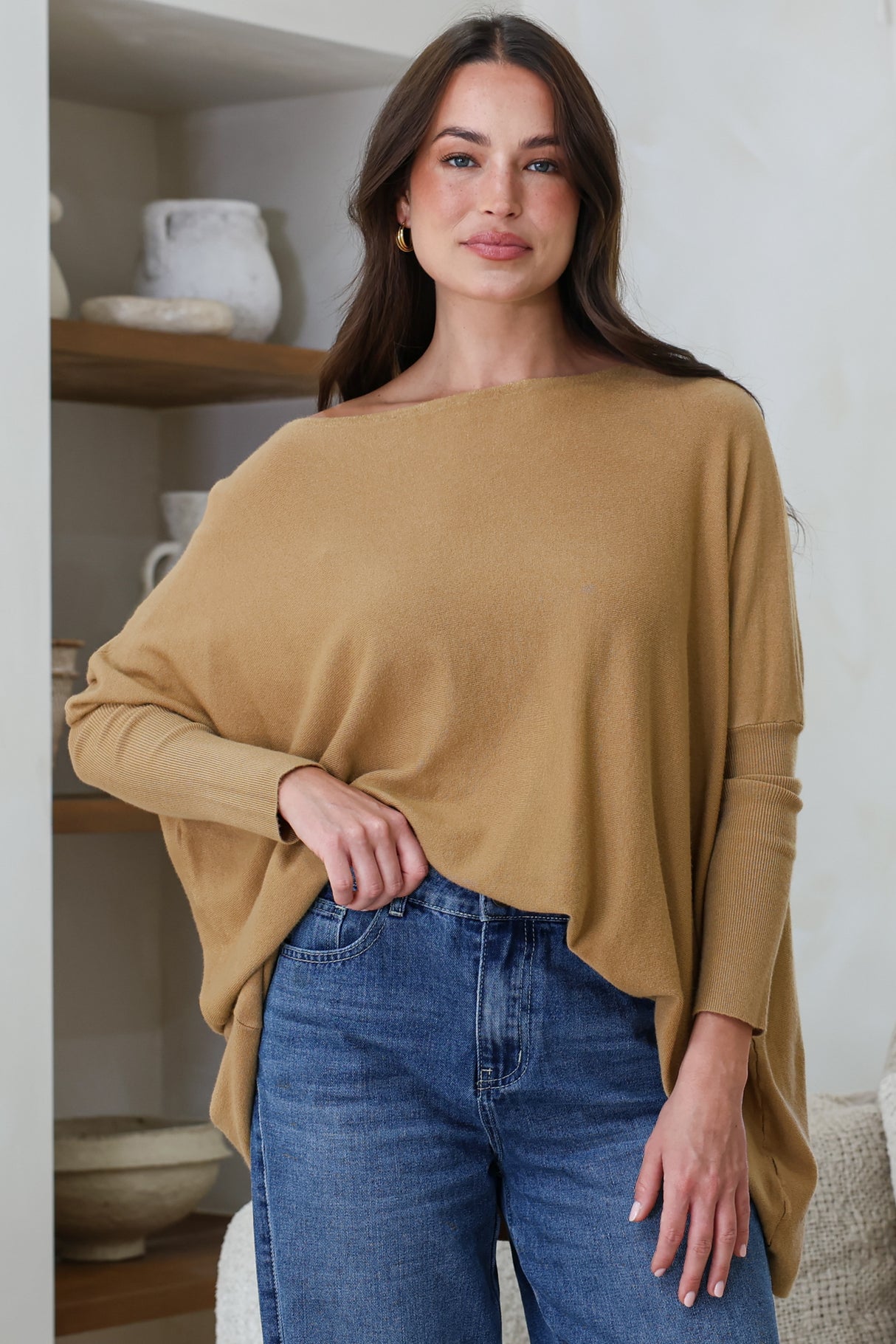 Belinda Knit Top - Boat Neckline Boxy Batwing Top in Caramel