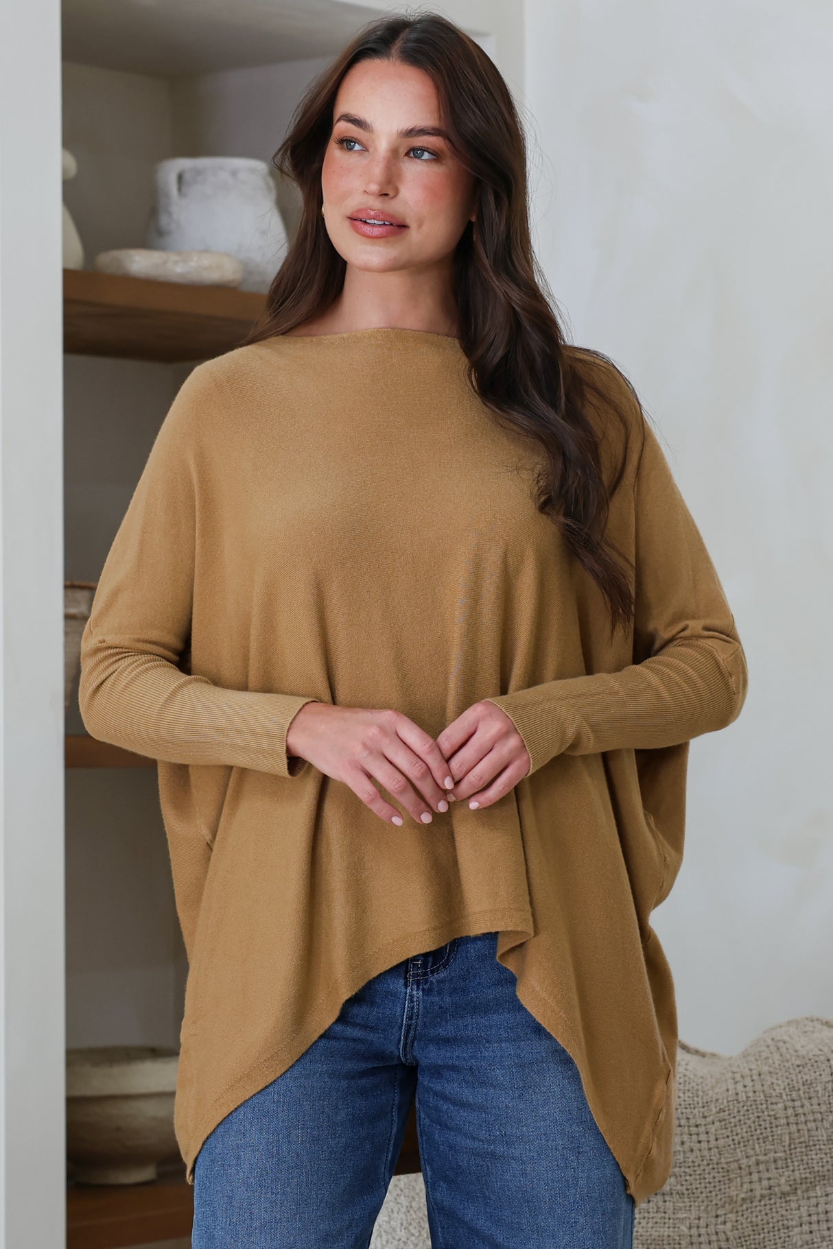 Belinda Knit Top - Boat Neckline Boxy Batwing Top in Caramel