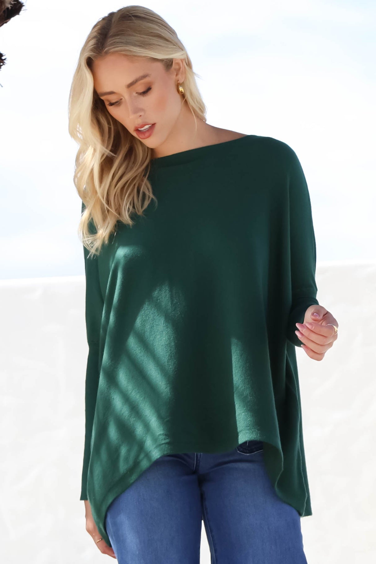Belinda Knit Top - Boat Neckline Boxy Batwing Top in Dark Green