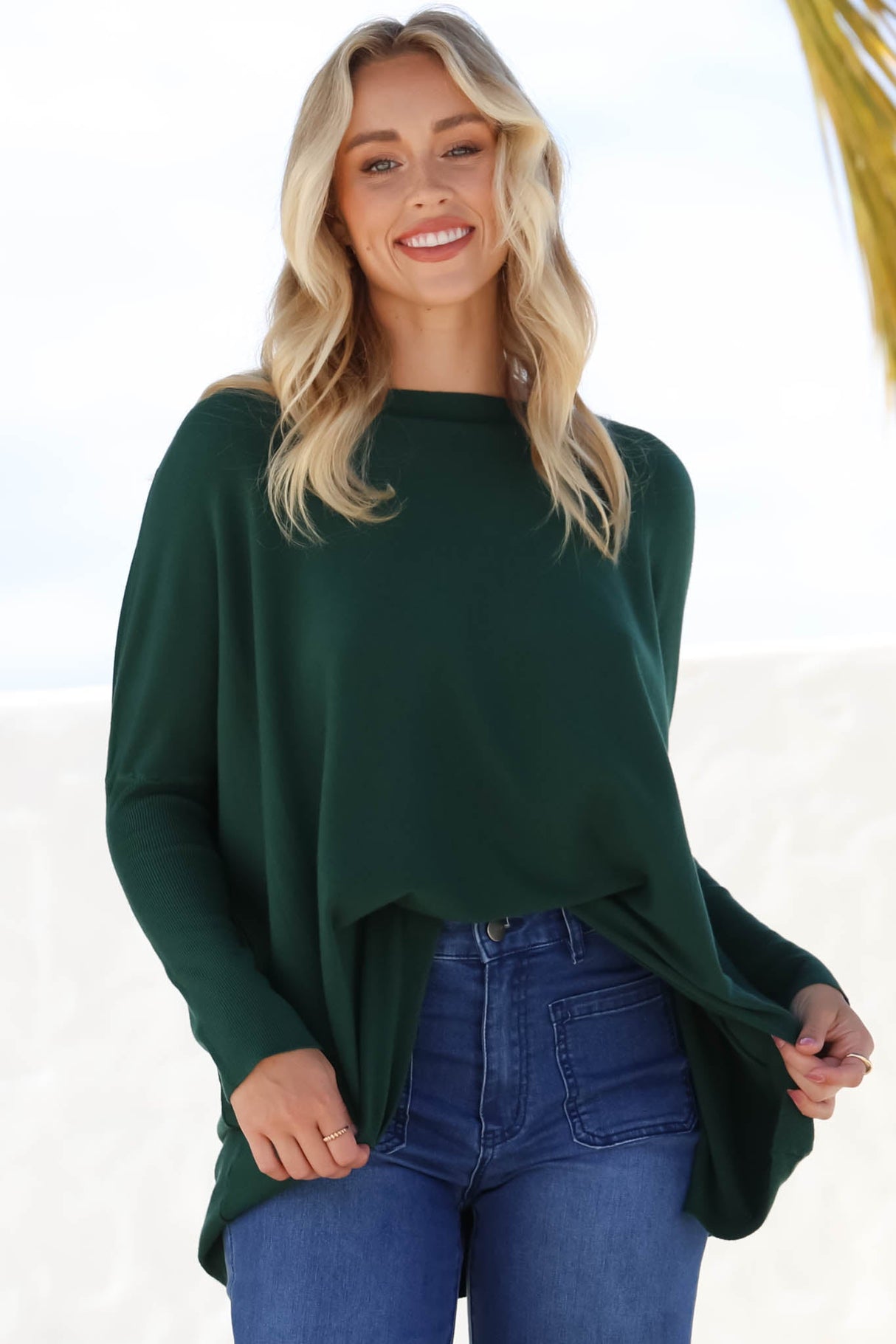 Belinda Knit Top - Boat Neckline Boxy Batwing Top in Dark Green